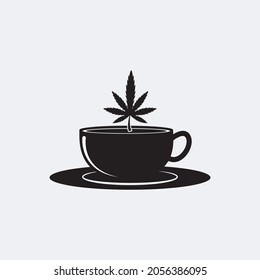 Coffee Cup Logo Design Vorlage mit einem Marijuana On Cup. Kaffeeservice Label. Logo, Symbol und Etikettendesign. Vektorgrafik und Illustration.
