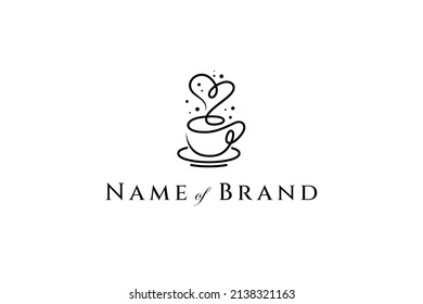 Coffee cup logo design vector with heart shaped puff of smoke in linear style.