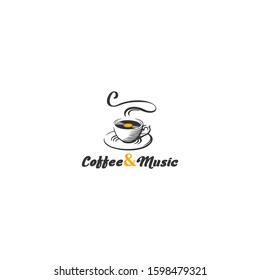 Coffee cup logo with disc, coffee and music vector illustration concept.