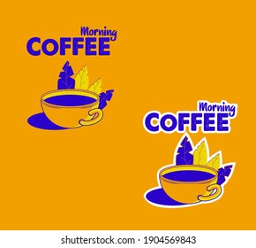 Coffee cup logo, flat design on a yellow background with leaves. Vector illustration