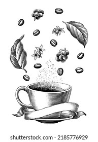 Coffee cup logo hand drawing engraving style clip art