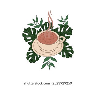 Coffee cup logo illustration design. Tropical leaf Typography and hand lettering coffee quotes for poster, gift card, mug and t-shirt.