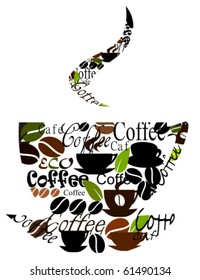 Coffee cup logo made of various captions, cups and beans. Vector illustration