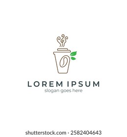 coffee cup logo with natural leaves in linear design style