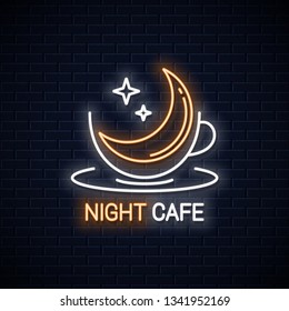 Coffee cup logo. Night coffee with moon linear design on black background