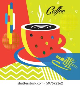 Coffee cup logo poster. Abstract modern background, logo, menu, concept. Vector Illustration template Advertising design. Futuristic style banner, poster, wallpaper. Coffee beans, coffee mag shop menu