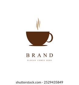 Coffee Cup logo, Simple Brown Coffee Cup Icon with Steam Rising, Minimalist Design on White Background for Beverage, Cafe, or Relaxation Themes
