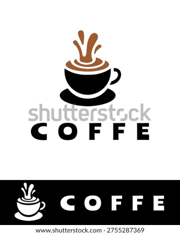 Coffee cup logo with splash and steam illustration, modern minimal cafe branding design isolated on white background