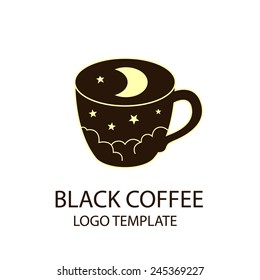 coffee cup logo template black night sky with stars and crescent moon stylized vector