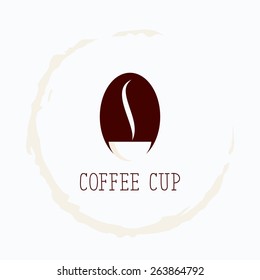 Coffee cup logo template (concept). Vector illustration. The image of coffee bean combined with a steaming coffee mug. Light background with coffee stain.