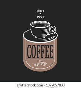 Coffee cup logo - vector illustration, emblem design on dark background.