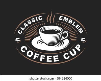 Coffee cup logo - vector illustration, emblem design on black background.
