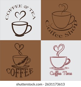 Coffee Cup Logo Vector Set, 4 Heart Steam Designs for Café and Branding, coffee logo	
