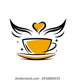 Logotipo de taza de café de color amarillo. Corazón y alas