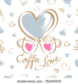 Coffee cup of love. Big heart shaped smoke. Line drawings can be made wallpaper stickers. Abstract pattern seamless