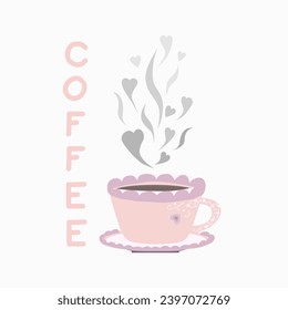 Coffee taza de amor, dibujar diseño de ilustración vectorial, corazón, calor de café, texto, ilustración vectorial de bebidas calientes. 
