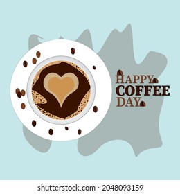Coffee cup with love icon, bubbles. International Coffee Day quote. Suitable for print, greeting card, poster and banner, sticker background. Vector illustration