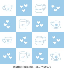 Coffee cup with love shape, checkerboard abstract seamless pattern. Stylish geometrical grid. Blue white colour palette background. Vector graphic illustration