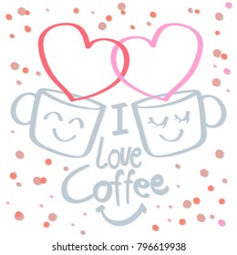 Coffee cup of love of young people who like to drink coffee. On Valentine's Day.  Suitable for gift wrap, glass sticker. Pattern on paper. Doodle for vector Abstract 