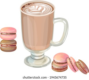 Coffee cup with macaroons isolated on white background. Hot drink and sweet for restaurant and cafe menu. Illustration can be used for food projects.