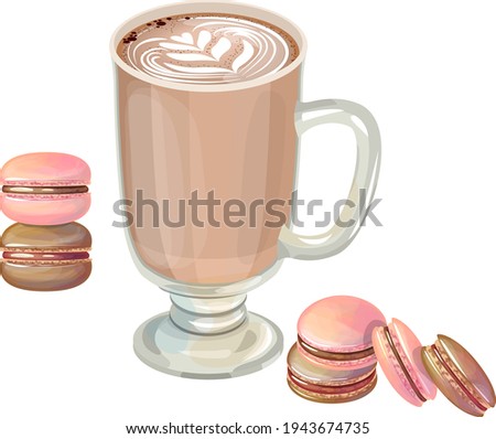 Coffee cup with macaroons isolated on white background. Hot drink and sweet for restaurant and cafe menu. Illustration can be used for food projects.