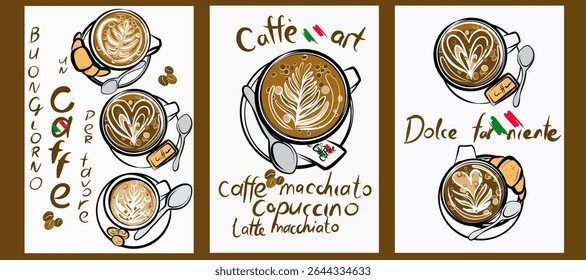 Coffee cup, machine,  grinder, Turkish coffee, milk frother, filter coffee, French press. Line art. Hand drawn vector clip art. Greeting cards.