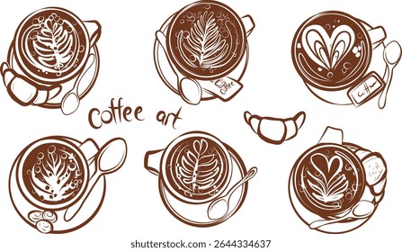 Coffee cup, machine,  grinder, Turkish coffee, milk frother, filter coffee, French press. Line art. Hand drawn vector clip art. Greeting cards.