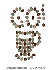 Coffee cup made of multicolor coffee beans and letters Go Like cute Coffee Mascot Minimalistic Flat. Isolated Vector illustration Coffee Themed Greeting or Motivation card Sticker Icon, label, price