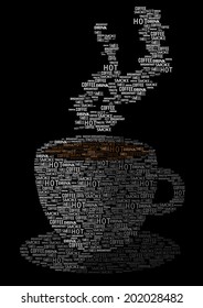 coffee cup made of words isolated on black background
