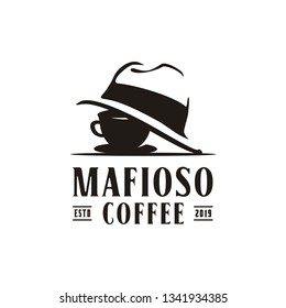 Coffee Cup with Mafia Mafioso Hat Gang Gangster Crime for Detective Cafe Restaurant Bar logo design