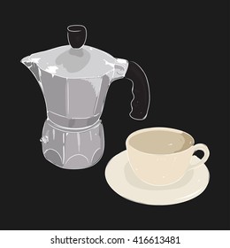 Coffee cup and coffee maker geyser, vector illustration