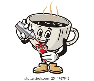 Coffee Cup is making Cocktail, Cartoon Mascot Illustration Character Vector Retro Vintage Clip-art Hand-drawn Logo Design