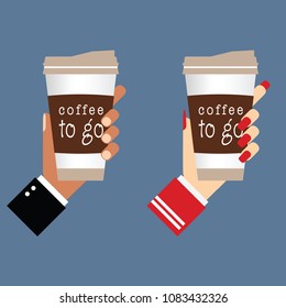 coffee cup in man and woman hands illustration on blue