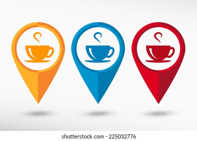 Coffee cup map pointer, vector.