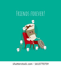 Coffee, cup of coffee, marshmallows, coffee to go, coffee time. Funny image. Vector illustration. Use for card, poster, banner, web design and print on t-shirt. Easy to edit.