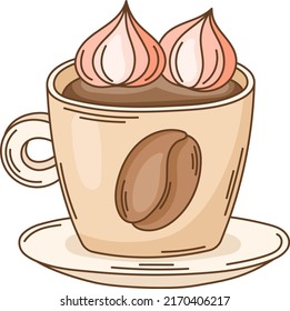 Copa de café con malvaviscos vectoriales. Bomba de chocolate caliente con ilustración de zephyr. Bebé dulce al estilo de las caricaturas