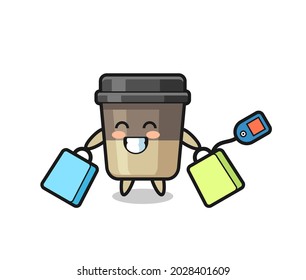 coffee cup mascot cartoon holding a shopping bag , cute style design for t shirt, sticker, logo element