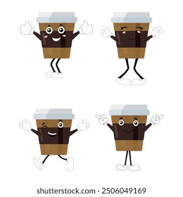 Coffee cup mascot character set, funny coffee cups with different facial expressions and poses. Funny colorful characters in doodle style