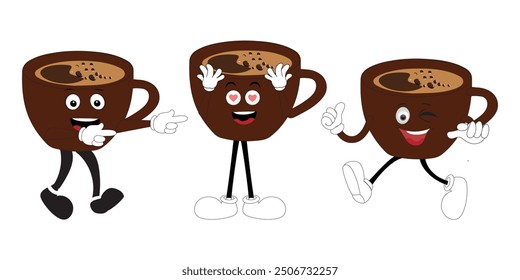 Coffee cup mascot character set, funny coffee cups with different facial expressions and poses. Funny colorful characters in doodle style