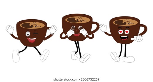 Coffee cup mascot character set, funny coffee cups with different facial expressions and poses. Funny colorful characters in doodle style