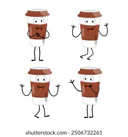 Coffee cup mascot character set, funny coffee cups with different facial expressions and poses. Funny colorful characters in doodle style