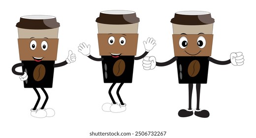 Juego de personajes de mascota de taza de café, tazas de café divertidas con diferentes expresiones faciales y poses. Divertidos personajes coloridos en estilo doodle