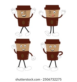 Coffee cup mascot character set, funny coffee cups with different facial expressions and poses. Funny colorful characters in doodle style