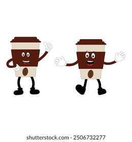 Coffee cup mascot character set, funny coffee cups with different facial expressions and poses. Funny colorful characters in doodle style