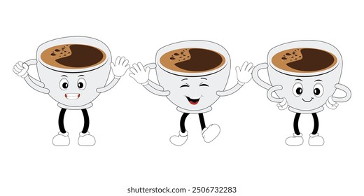 Coffee cup mascot character set, funny coffee cups with different facial expressions and poses. Funny colorful characters in doodle style