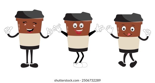 Juego de personajes de mascota de taza de café, tazas de café divertidas con diferentes expresiones faciales y poses. Divertidos personajes coloridos en estilo doodle
