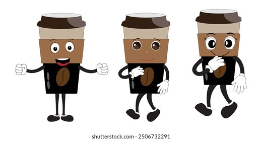 Coffee cup mascot character set, funny coffee cups with different facial expressions and poses. Funny colorful characters in doodle style