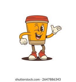 Mascote de xícara de café com wink divertido perfeito para branding, mídias sociais, marketing e projetos promocionais em cafés e cafés. Design de personagem amigável para envolver e atrair clientes