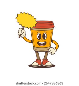 Mascote de xícara de café segurando estrela e sinal com postura confiante e acolhedora adiciona encanto animado a materiais de marketing, marca de café, campanhas de mídia social, projetos de embalagem e conteúdo promocional