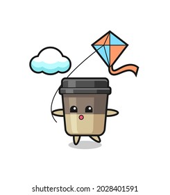 coffee cup mascot illustration is playing kite , cute style design for t shirt, sticker, logo element